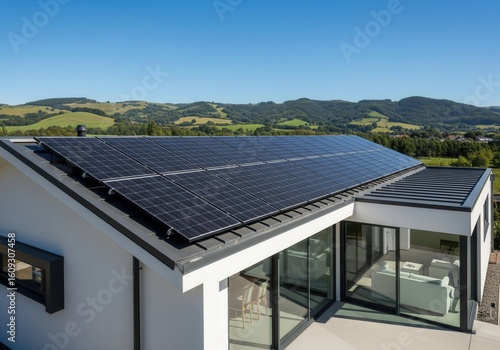 Wallpaper Mural A modern house with a large solar panel array on its roof, surrounded by green hills. Torontodigital.ca