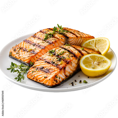 Grilled Salmon Fillets with Lemon Slices and Fresh Herbs on a White Plate