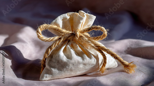 Artisanal Hemp String Tied Around Natural Linen Pouch Rustic Setting Product Photography Soft Lighting Close-Up View Handmade Craft