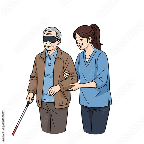 Woman assisting a blind elderly man.