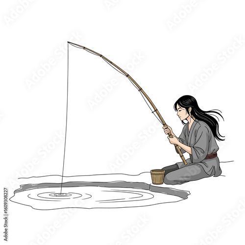 Traditional woman fishing peacefully
