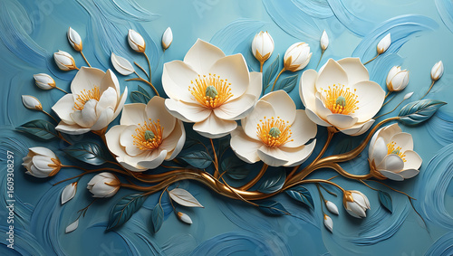 A beautiful arrangement of sculpted white flowers with yellow centers on a textured blue impasto background, a serene floral design.