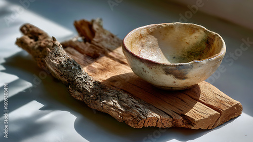Natural Clay Bowl Displayed on Raw Wooden Board in Warm Light Capturing Rustic Aesthetics and Organic Textures