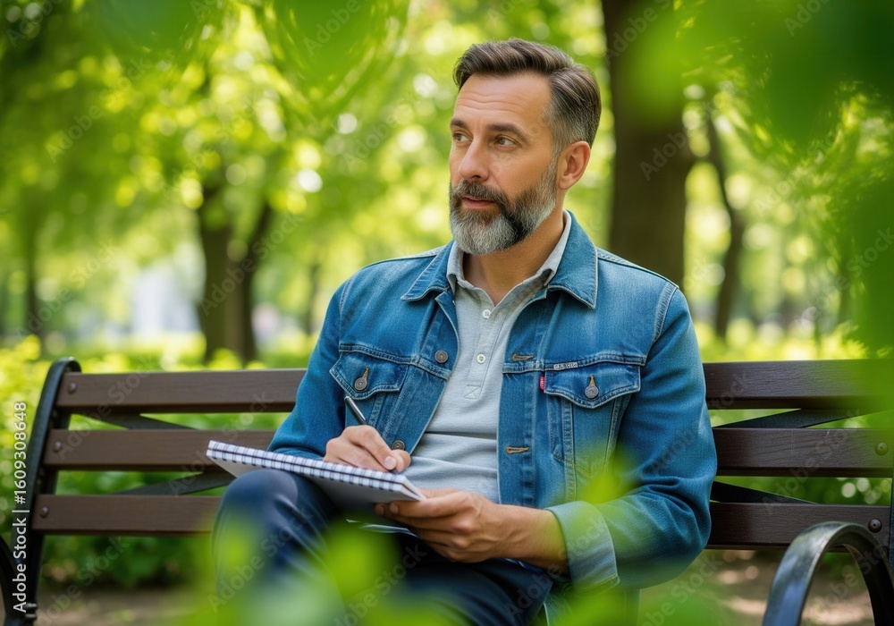 Obraz premium A thoughtful man with a beard sits on a park bench, writing in a notebook amidst green foliage.