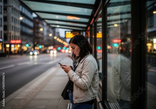 A young woman checks her phone at a bus stop in a city at dusk or night.