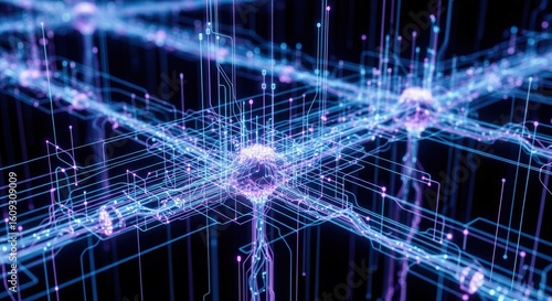 A mesmerizing network of glowing blue and purple lines represents data flow or neural connections.
