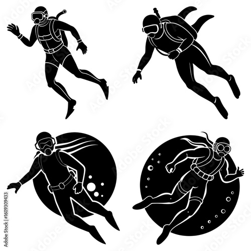 Four scuba divers in black silhouette wearing diving gear and swimming in different positions underwater scenes