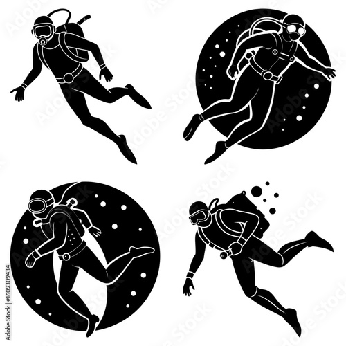 Illustration of four scuba divers in various poses with diving equipment in black and white style