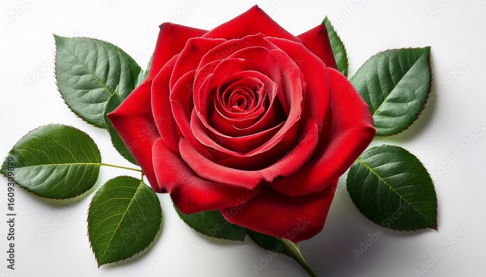 Fototapeta premium a single vibrant red rose with lush green leaves elegantly presented on a white background background removed