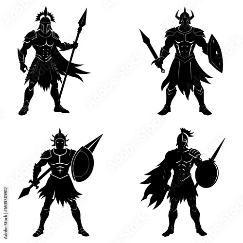 Silhouettes of four warriors in armor with helmets spears swords and shields in a vector illustration