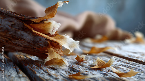 Weathered Wooden Surface with Peeling Fibers Close-Up Natural Texture Rustic Environment Detailed View Decorative Concept