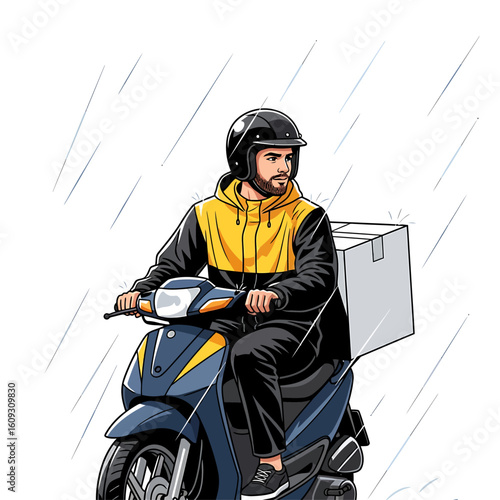 Courier riding scooter in the rain
