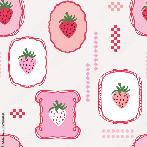 Whimsy Strawberry frame art seamless pattern with cute berry details. Village pink red Valentine romantic cottage core background.