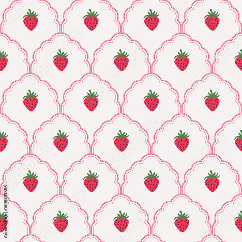 Whimsy Strawberry scallop seamless pattern with cute berry details. Vertical pink red Valentine romantic napkin borders cottage core background.