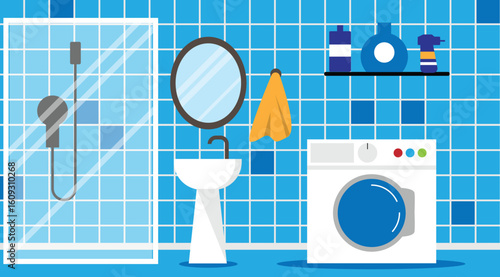Bathroom with Shower Cabin Sink and Washing Machine Flat Style. Interior design and apartment room vector art