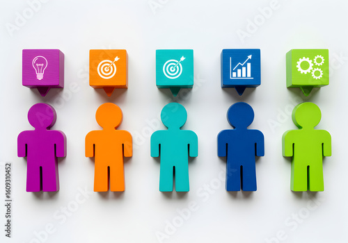 Colorful human figures with matching business icon blocks above them, symbolizing individual strengths, teamwork, and diverse skills for achieving goals and growth.