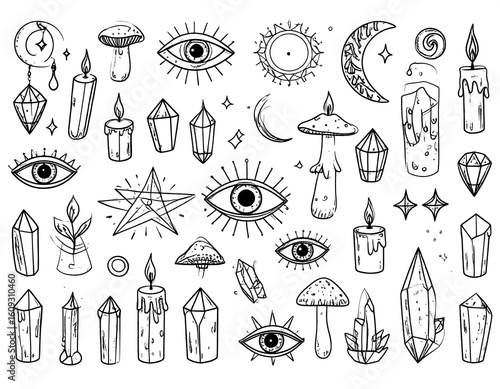 Hand-drawn collection of occult and mystical symbols