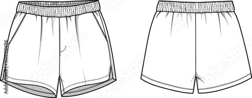 Technical flat sketch of athletic running shorts – front and back views with elastic waistband and pockets for fashion design