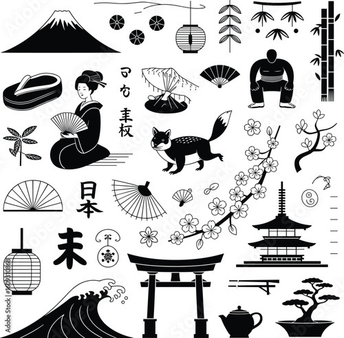 Traditional Japanese Culture Icon Set with Geisha, Torii Gate, Mount Fuji, Sumo Wrestler, Fans, Sakura Blossoms, Pagoda, and Lanterns