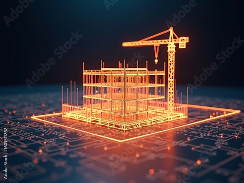 Digital transformation in construction industry with 3D smart building model and crane on futuristic blueprint background
