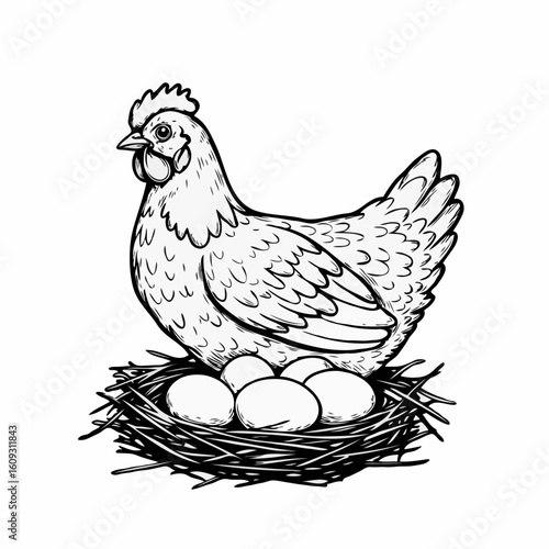 Chicken sitting in nest with eggs in black and white vector. Farm livestock and agriculture. Easter symbol. Organnic food ingredients
