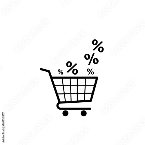 Shopping cart icon with percentage signs flying out of it, for discount promotions. Vector illustration for sales and black friday  