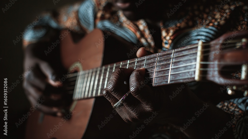 Obraz premium A soulful musician plays a classic acoustic guitar, fingers dancing across the strings, creating a beautiful melody.