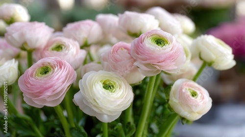 Soft blush pink white ranunculus flowers in full bloom