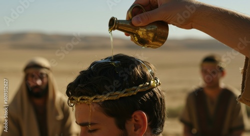 Prophet anointing a young man. Old testament biblical scene of Samuel anointing David as king. Religious ritual for worship.