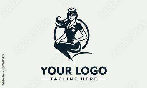 Vintage style logo featuring a seated nurse, elegant design.