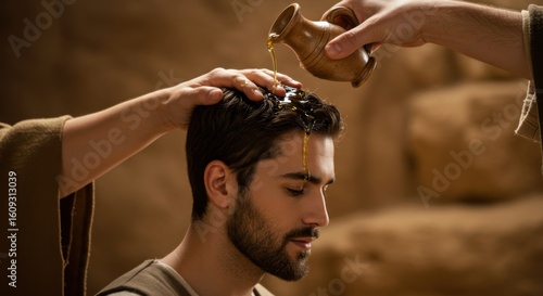 Prophet Samuel anoints King David. Man's head is being anointed with oil from a jug. Old Testament biblical story of kingship. Jewish desert ritual.