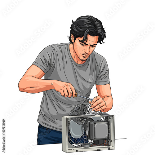 Electronics repair professional at work