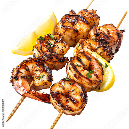 Grilled Shrimp Skewers with Lemon Garnish