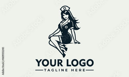Stylish pin-up nurse logo design, elegant pose, dark silhouette, healthcare branding.