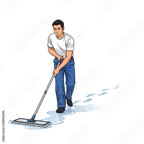 Man Mop Cleaning  the Wet Floor
