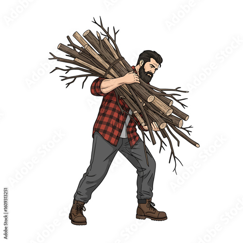 Rugged lumberjack carrying firewood