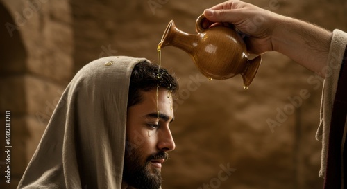 A man receiving anointing with oil from a pitcher, symbolizing a biblical ritual of consecration or blessing.