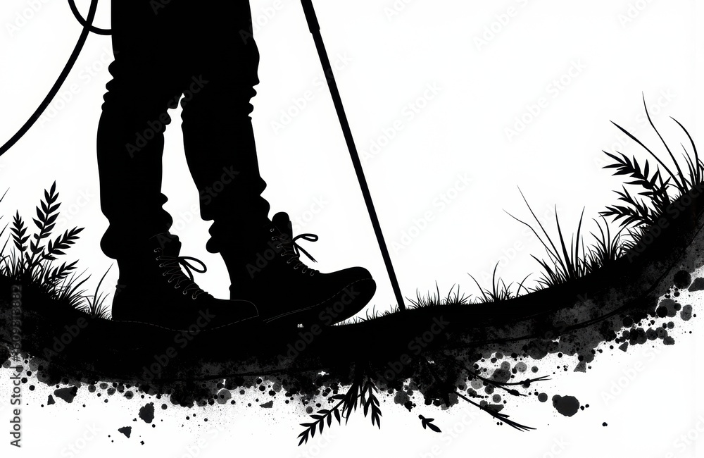 Naklejka premium Woman hiking with trekking poles in silhouette against a white background with plants and soil