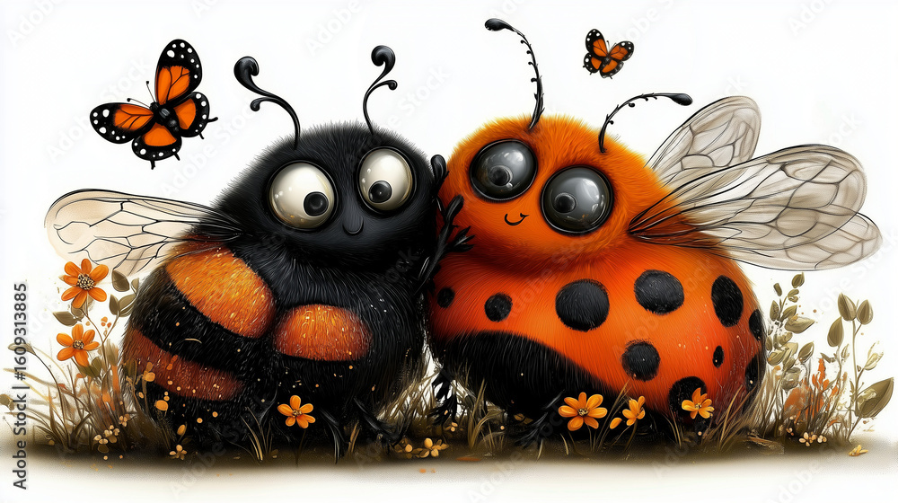 Obraz premium Cute cartoon bumblebee and ladybug friends with butterflies 