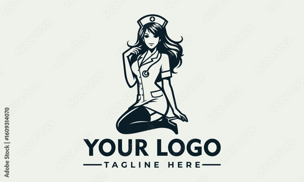 Naklejka premium A stylized illustration of a female nurse kneeling with a friendly pose.