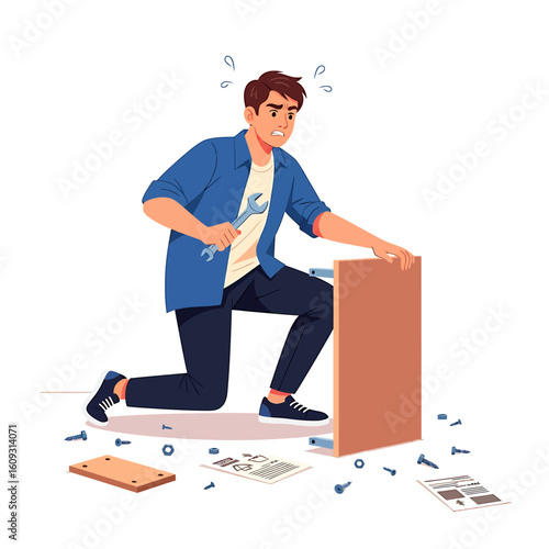 Man struggling to assemble furniture kit