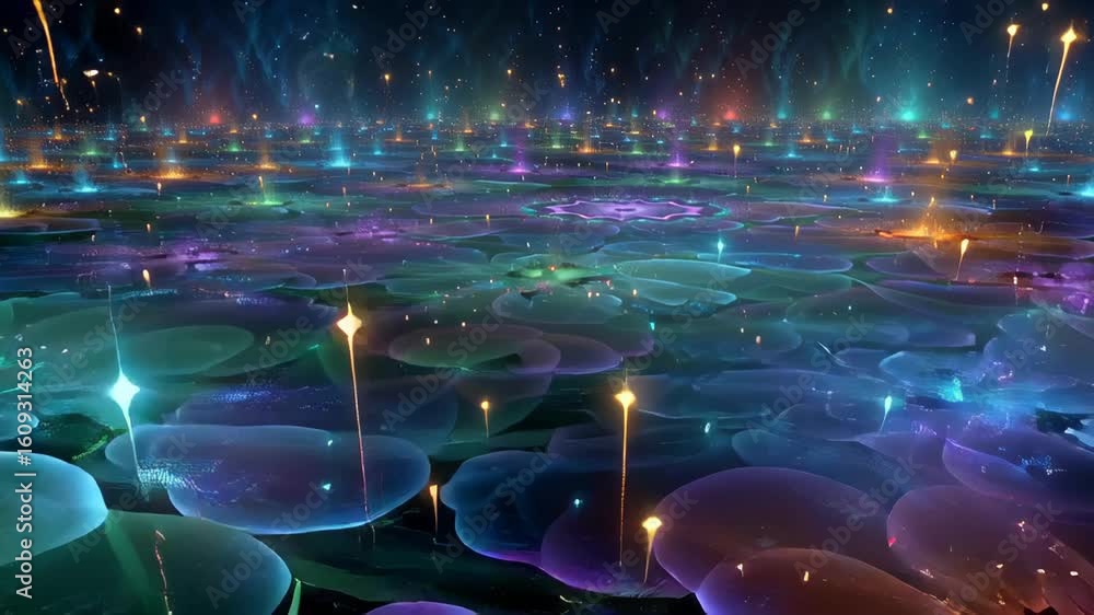 Abstract glowing waves in neon colors over water surface in cosmic fantasy style, ideal for music visuals, digital backgrounds, and futuristic animations, 4K, motion.