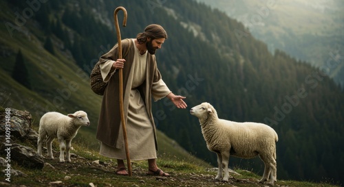 Jesus Christ as the good shepherd with lost sheep. Biblical representation of a parable. Christian imagery for teaching and religious concept.