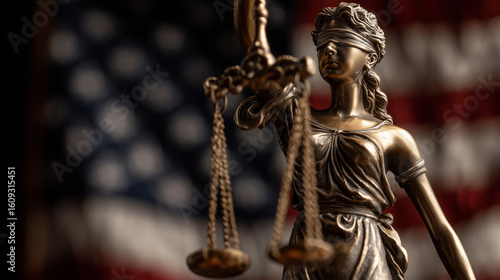 Statue of Lady Justice with Scales Against American Flag Background