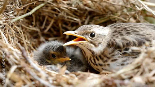A mother bird protects and feeds her young in a peaceful nest.
