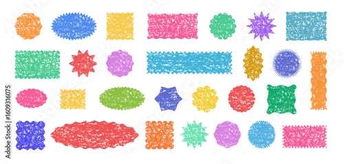 Hand drawn childish frame set. Crayon texture colorful Wavy edge rectangles, squares, circles, ovals collection. Kid drawn basic geometric shapes. Cute memo stickers and notes.