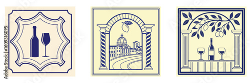 Set of italian themed decorative tiles with wine bottle vineyard archway and classical architecture

