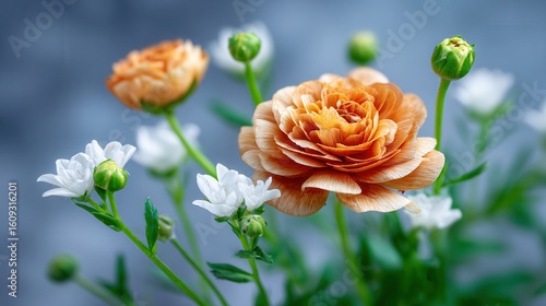 Orange ranunculus white daisies in serene garden setting