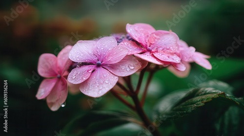 Pink hydrangea flowers with morning dew in lush garden