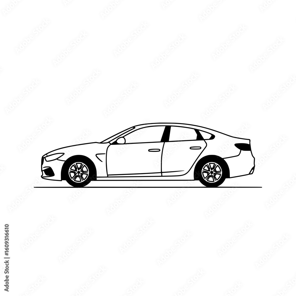 Fototapeta premium Sleek modern sedan outline presented in a clean, minimalist side profile, perfect for automotive design concepts, branding, and transport marketing visuals.